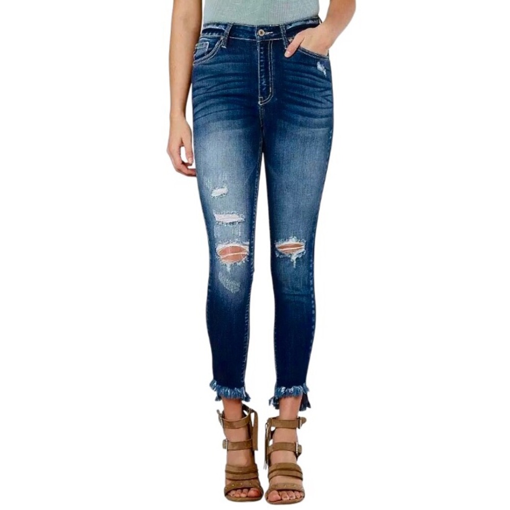 Kancan Style KC8343D Stretchy High Rise Ripped Raw Hem Ankle Skinny Jeans 15/31